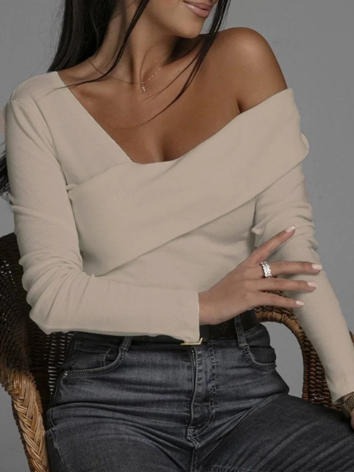 Tops, bodysuits and shirts - Ribbed Bodycon Off Shoulder Top Ewa - Stone
